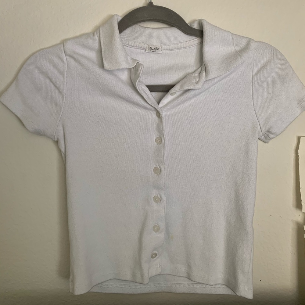 White cropped button up collar top
